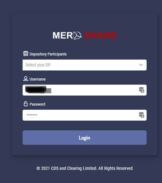 Screenshot of login screen of Meroshare to check IPO Results in Nepal