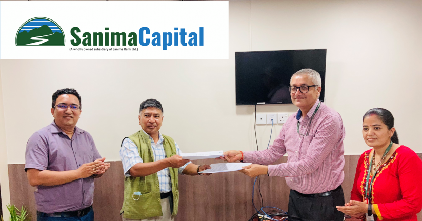 Sanima Capital CEO Bhishma Raj Chalise signed on behalf of Sanima Capital, while Swet Ganga Hydropower's Executive Director Dr Suvarnadas Shrestha